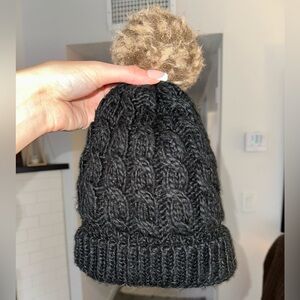 Black Knit Beanie with Brown Pom Pom